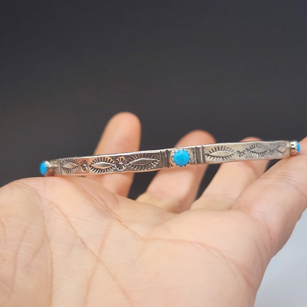 Vintage DK Bangle Bracelet Silver Blue Stone Stamped Etched 8in